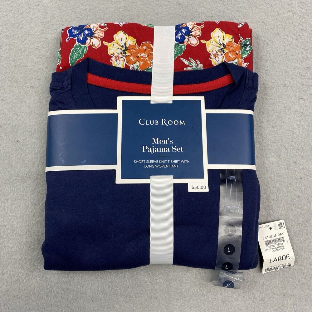 Club Room Pajama Set Mens Large‎ Blue Red Floral 2 Piece